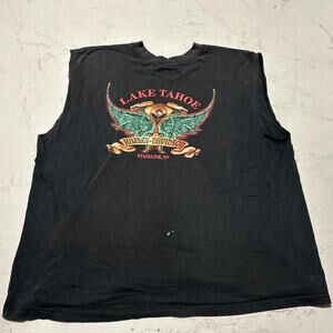Vintage Harley Davidson Lake Tahoe Stateline Nevada Cutoff T-Shirt - Black